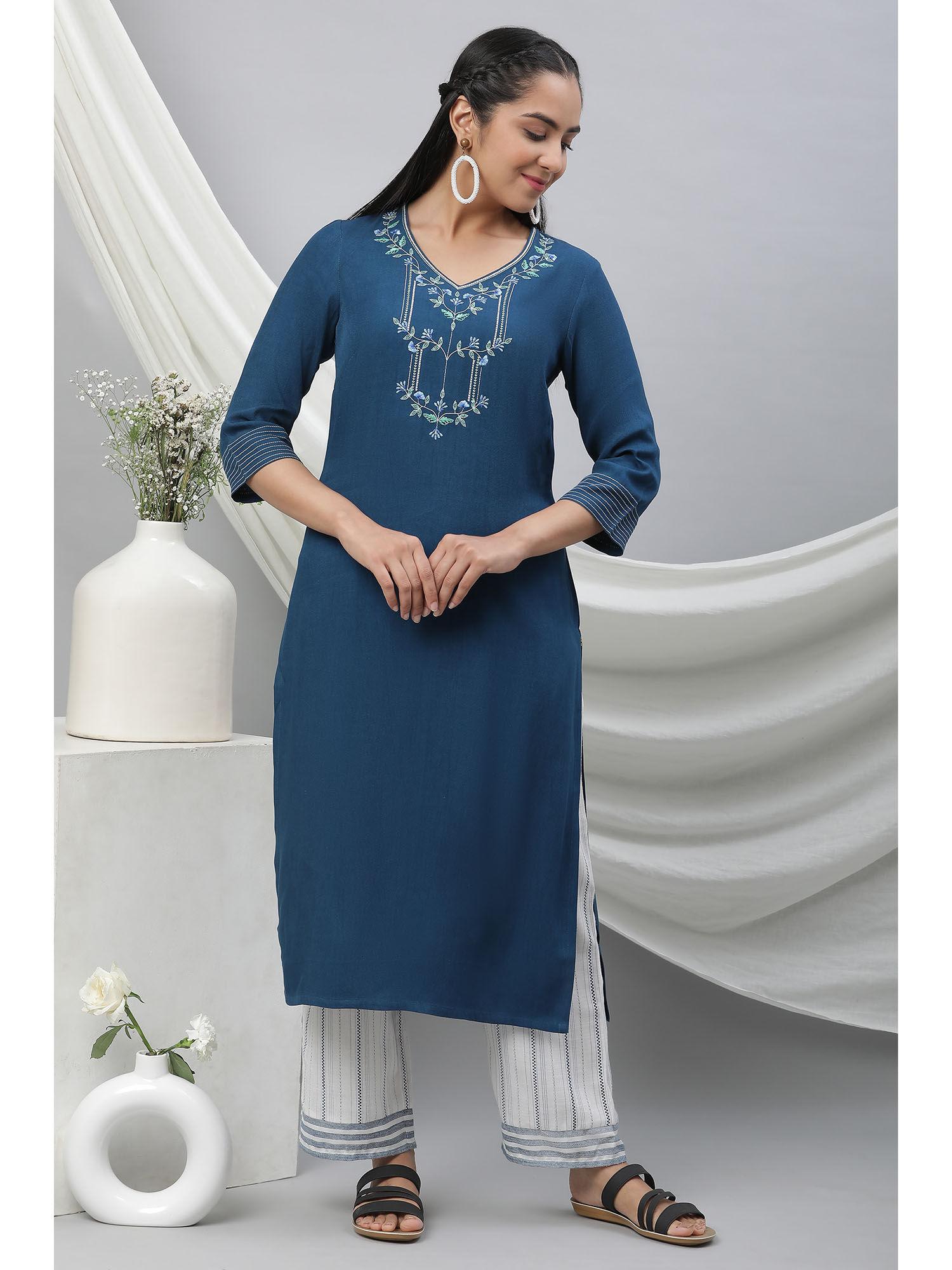 navy blue embroidered rayon kurta