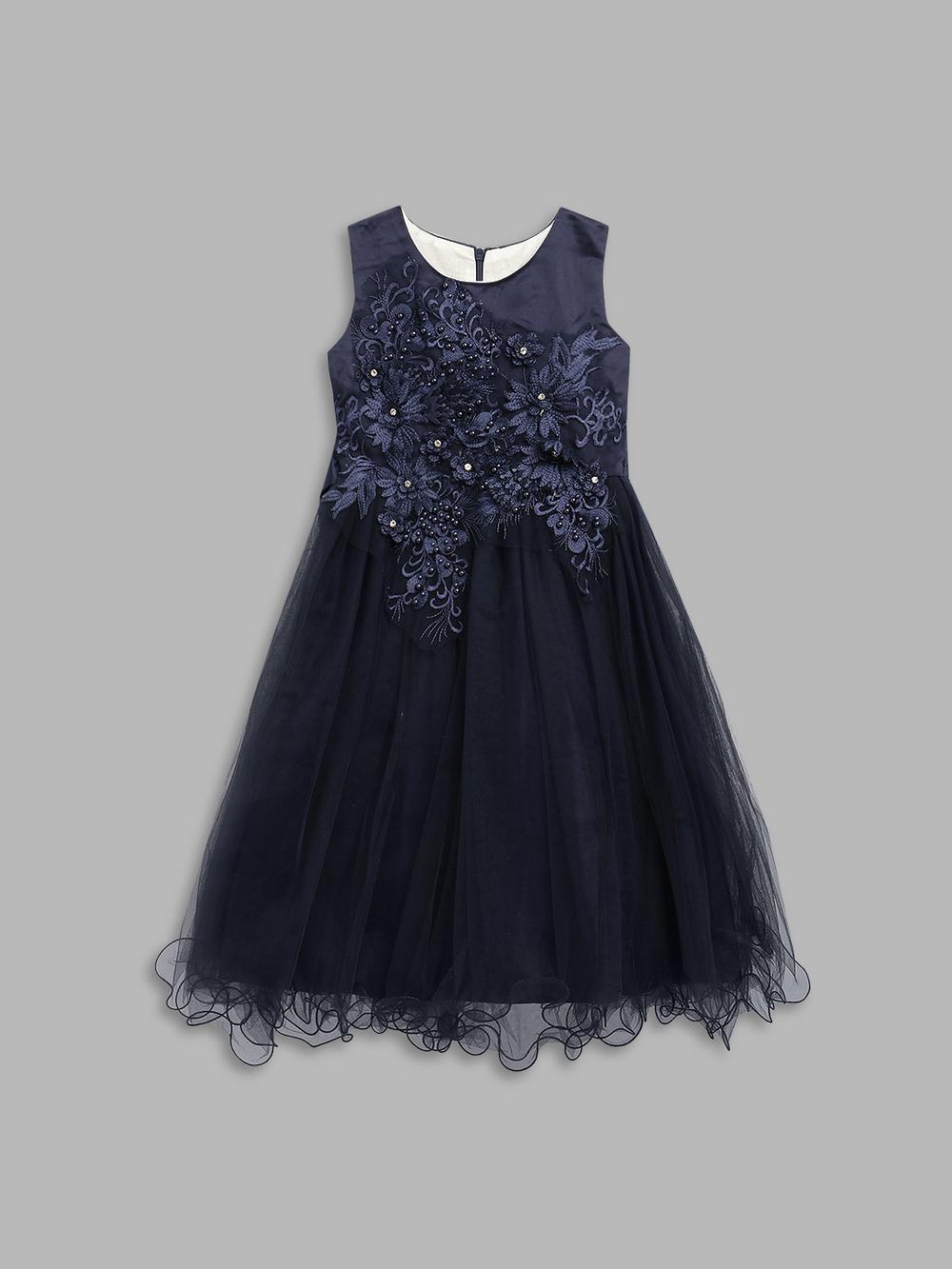 navy blue embroidered round neck dress