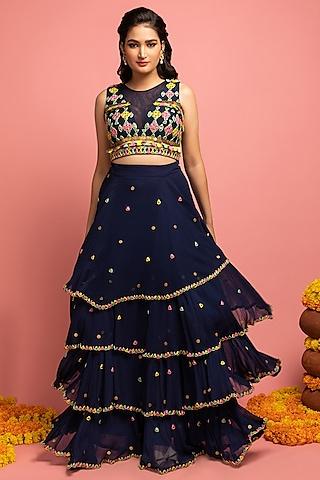 navy blue embroidered ruffled lehenga set