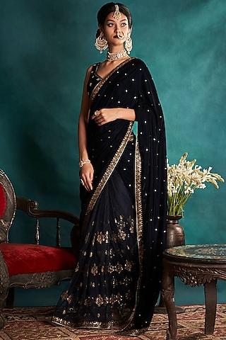 navy blue embroidered saree set