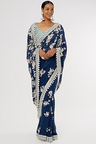 navy blue embroidered saree set