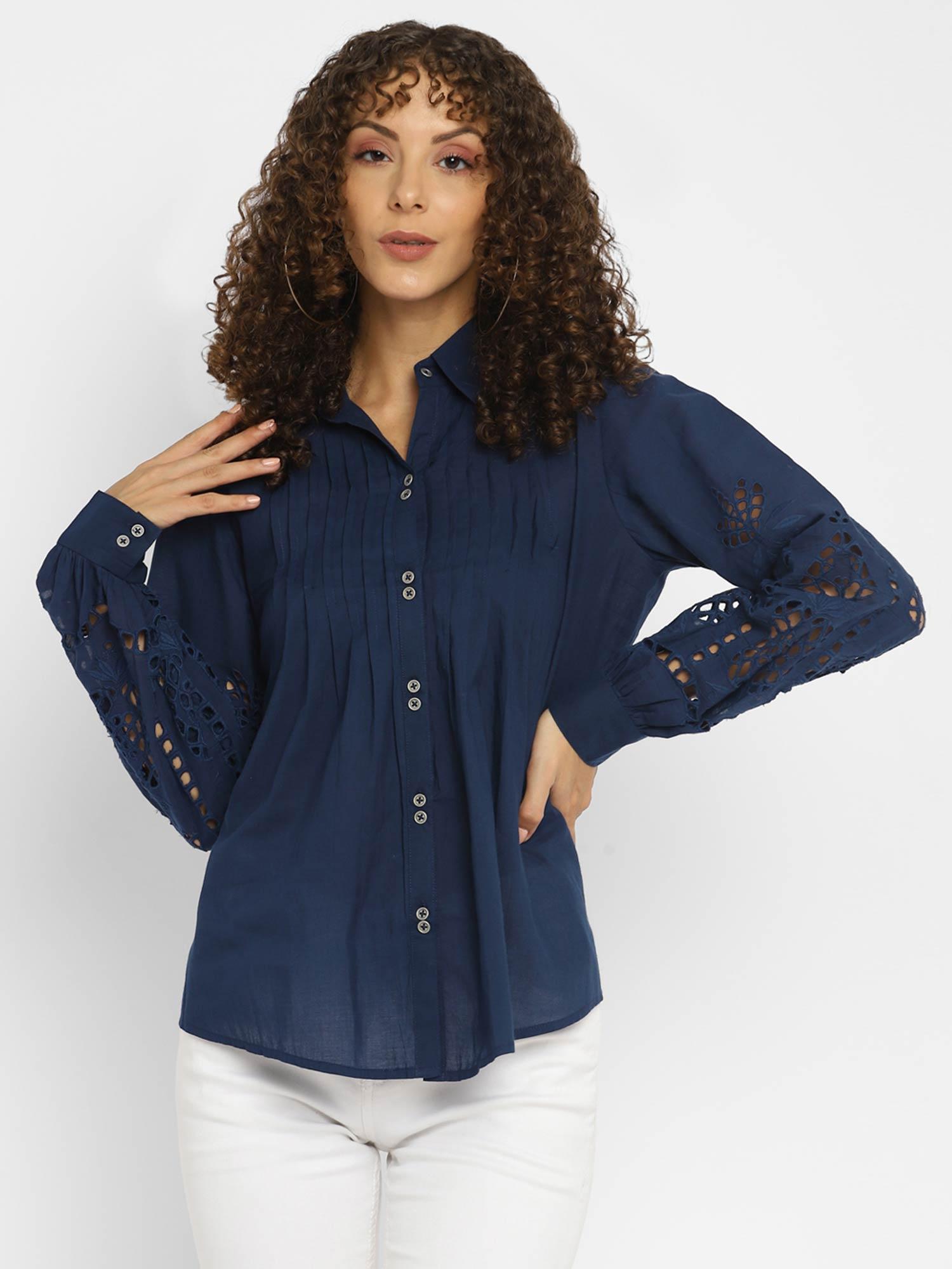 navy blue embroidered schiffli shirt