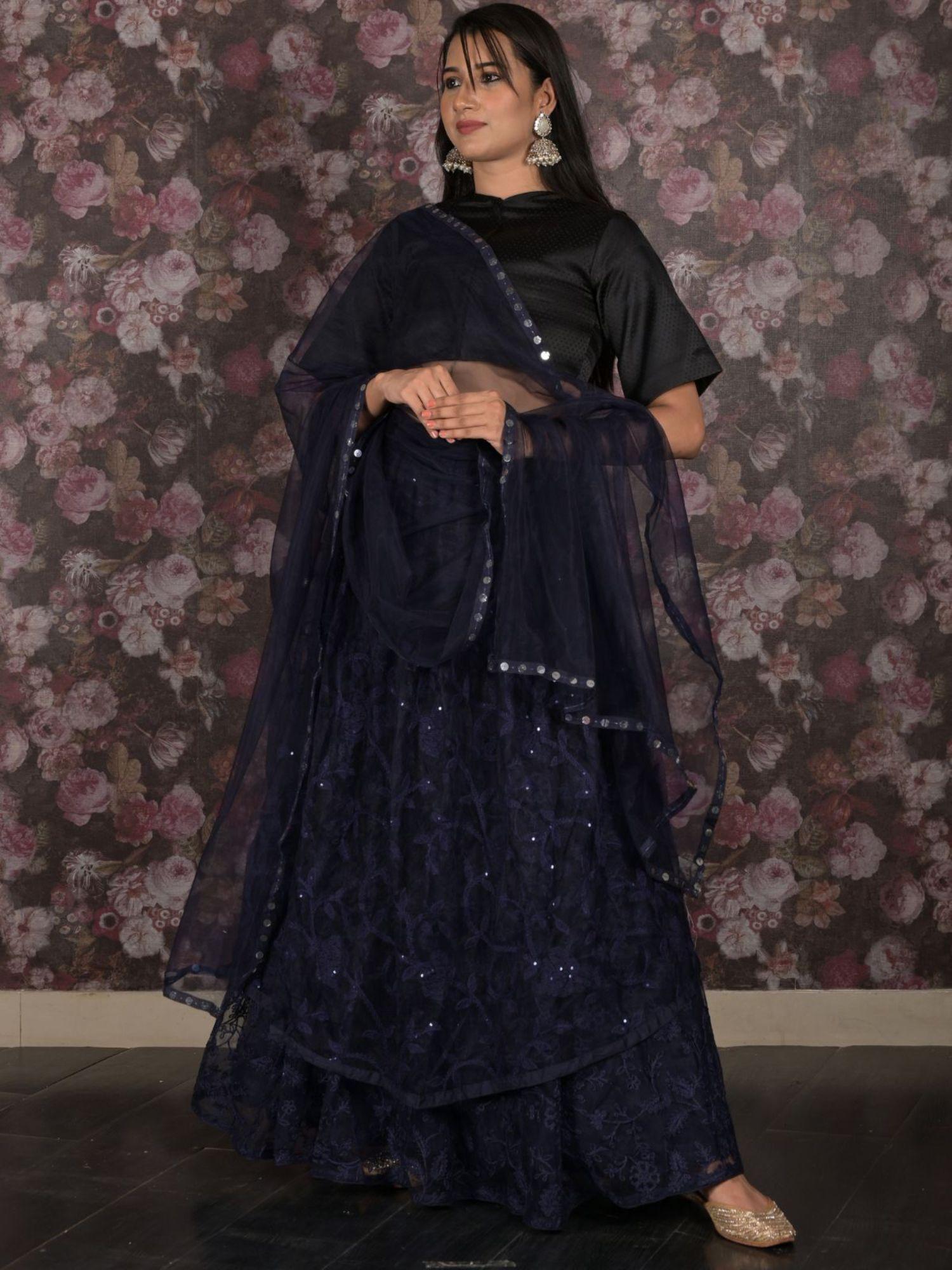 navy blue embroidered semi-stitched lehenga with unstitched blouse and dupatta (set of 3)