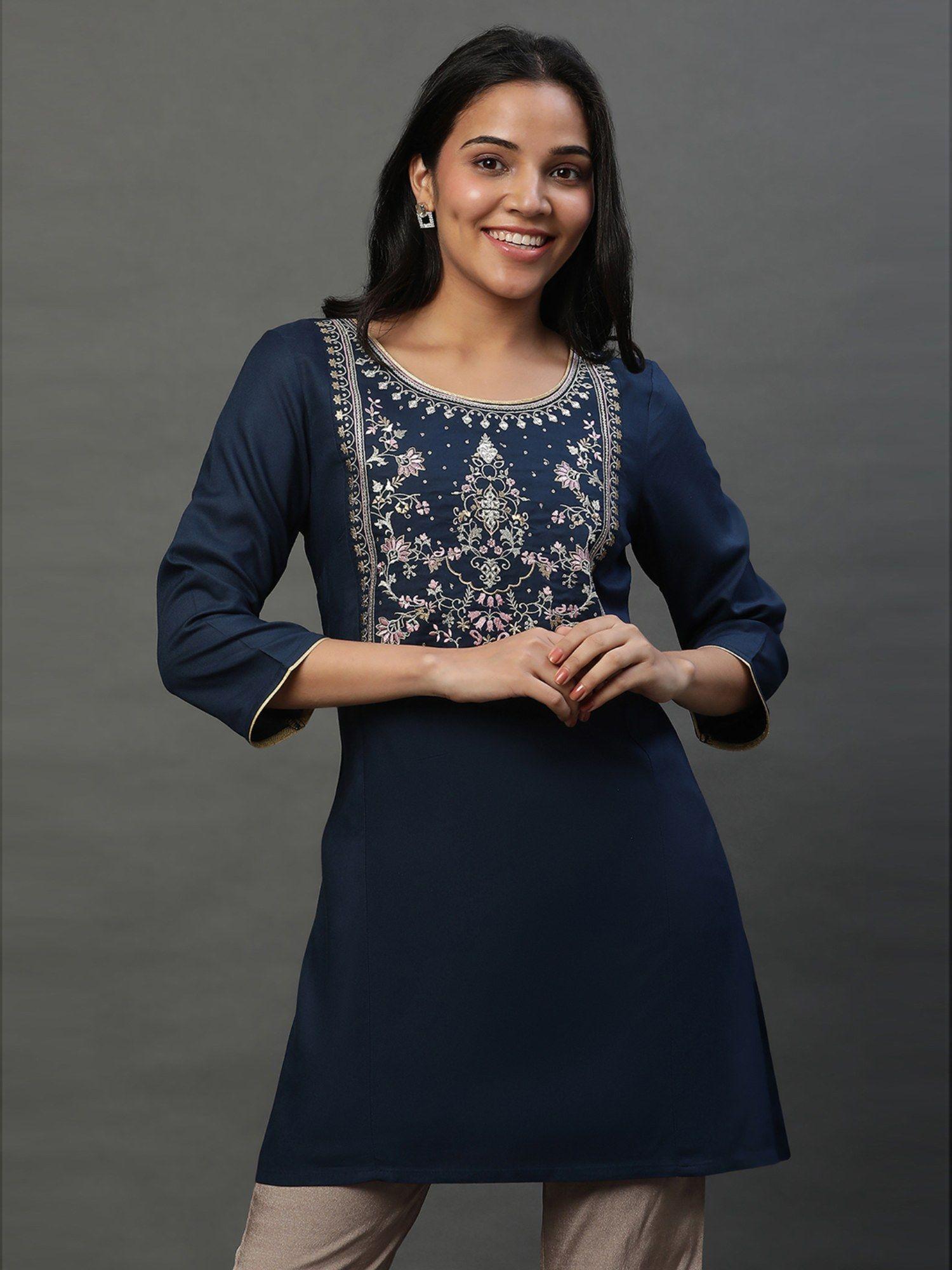 navy blue embroidered short kurti