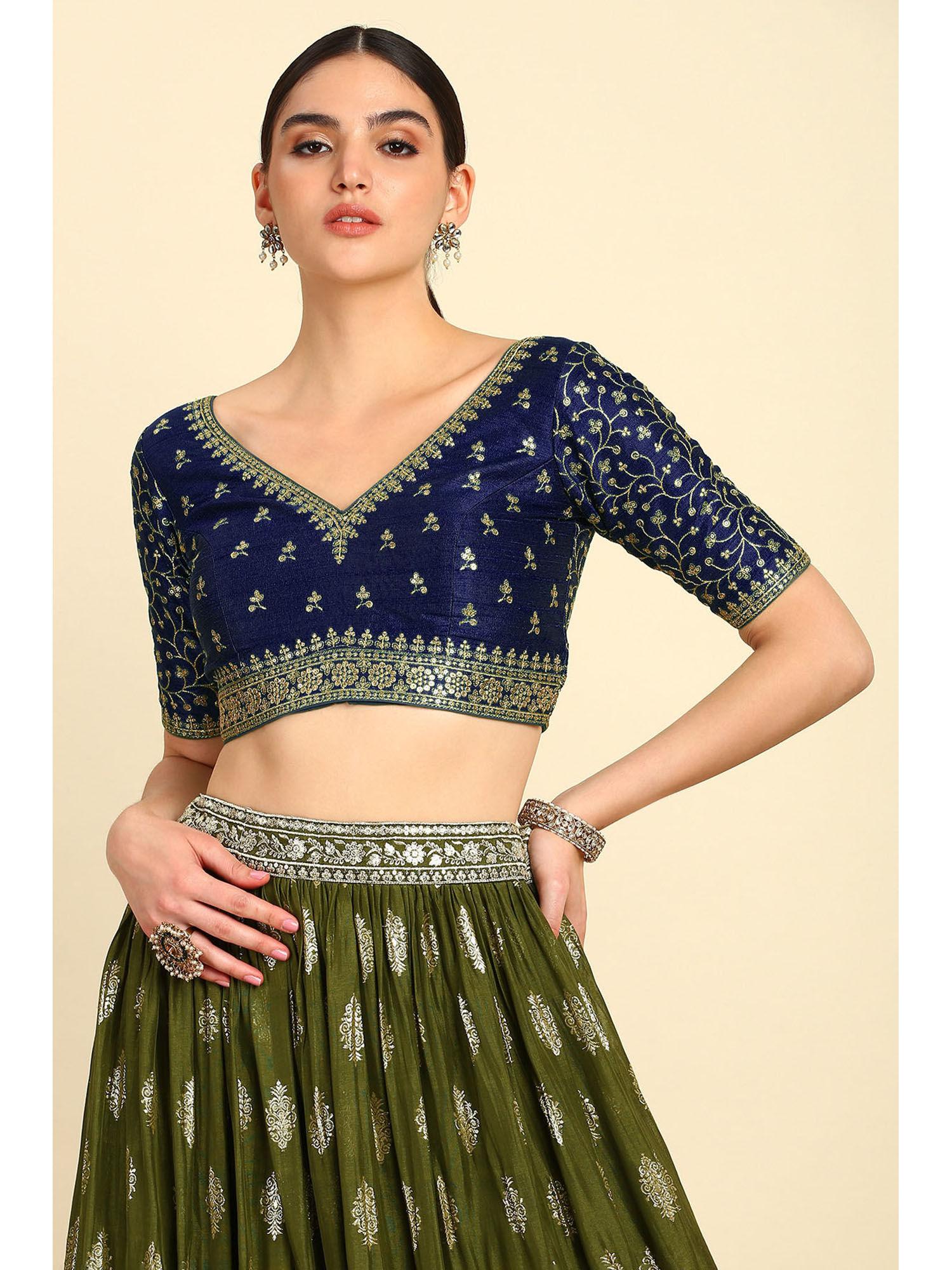 navy blue embroidered stitched blouse with zari