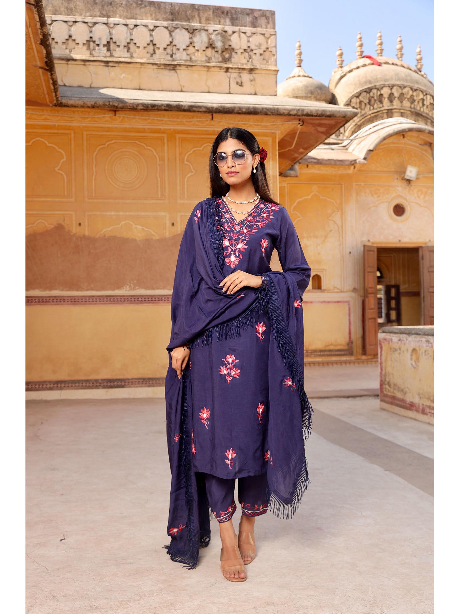 navy blue embroidered straight kurta with pant and dupatta (set of 3)