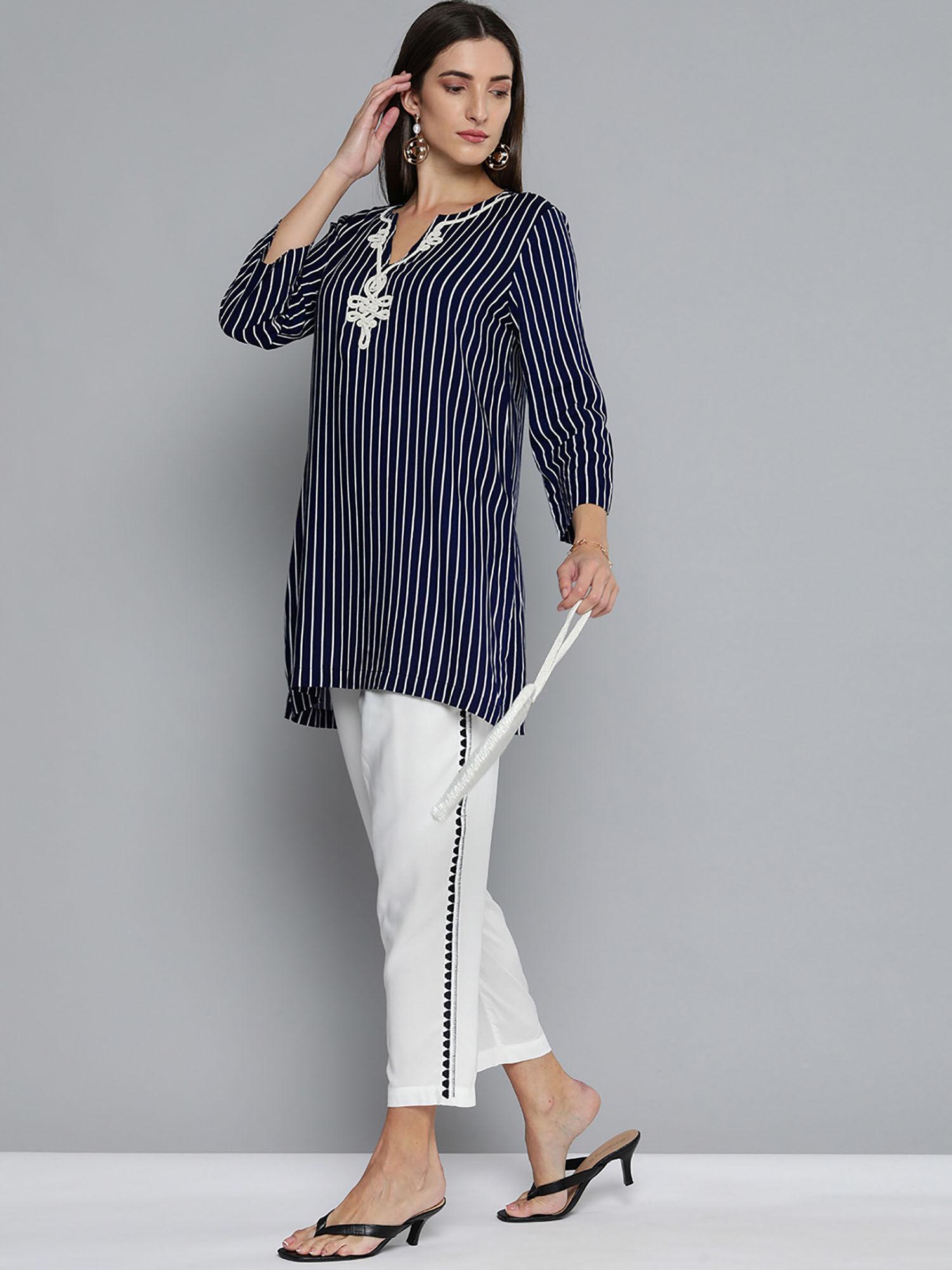 navy blue embroidered striped rayon kurta