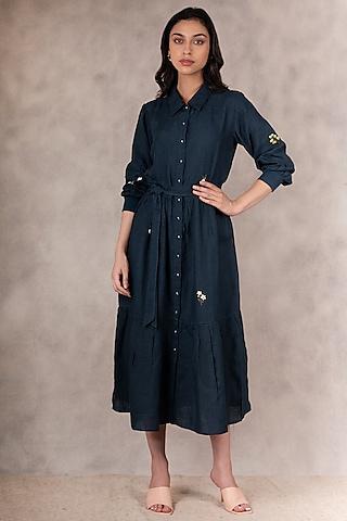 navy blue embroidered tiered dress