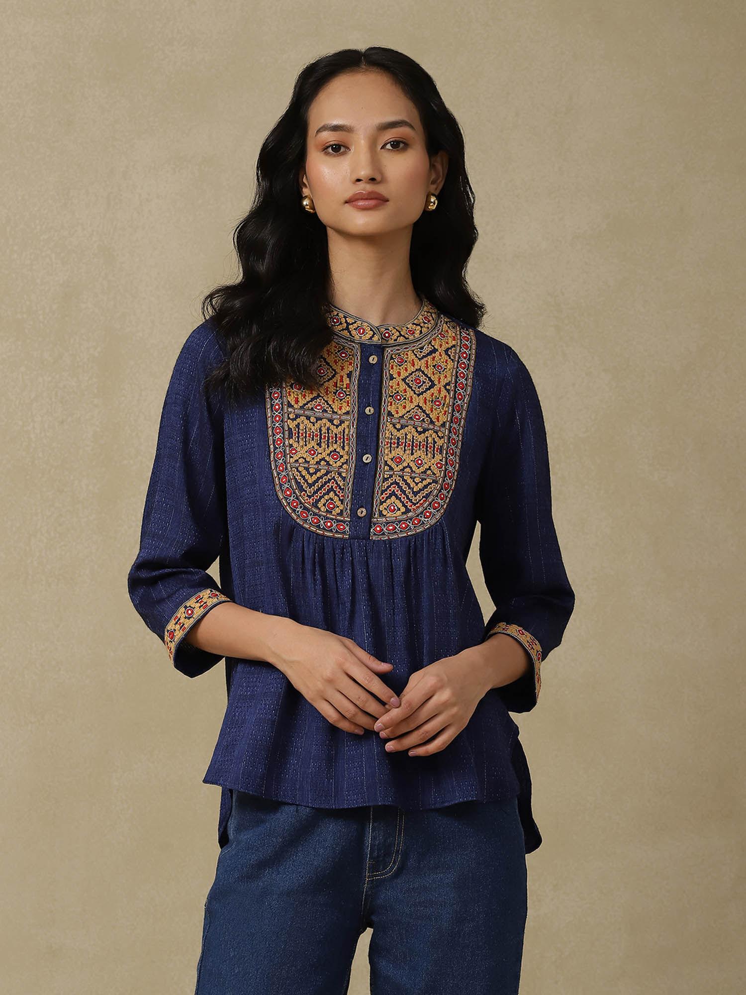 navy blue embroidered top