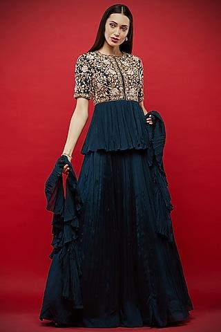 navy blue embroidered tunic & lehenga set