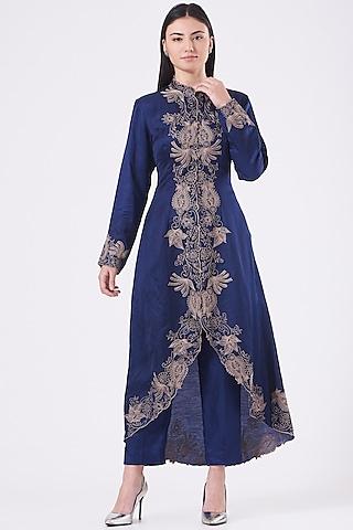 navy blue embroidered tunic set