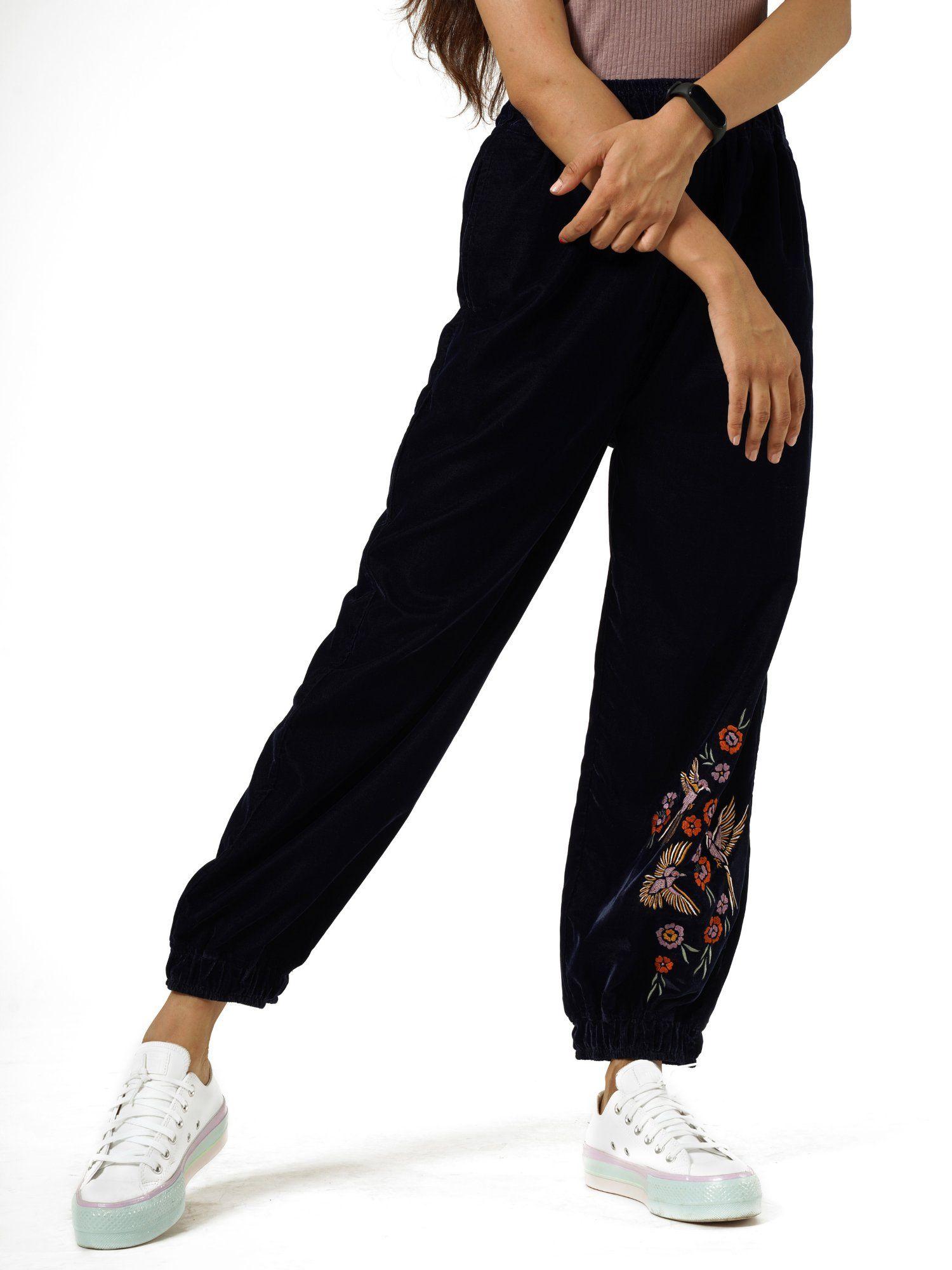 navy blue embroidered velvet joggers