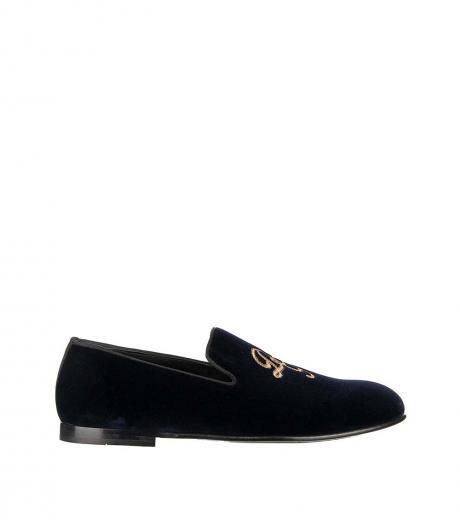 navy blue embroidered velvet loafers