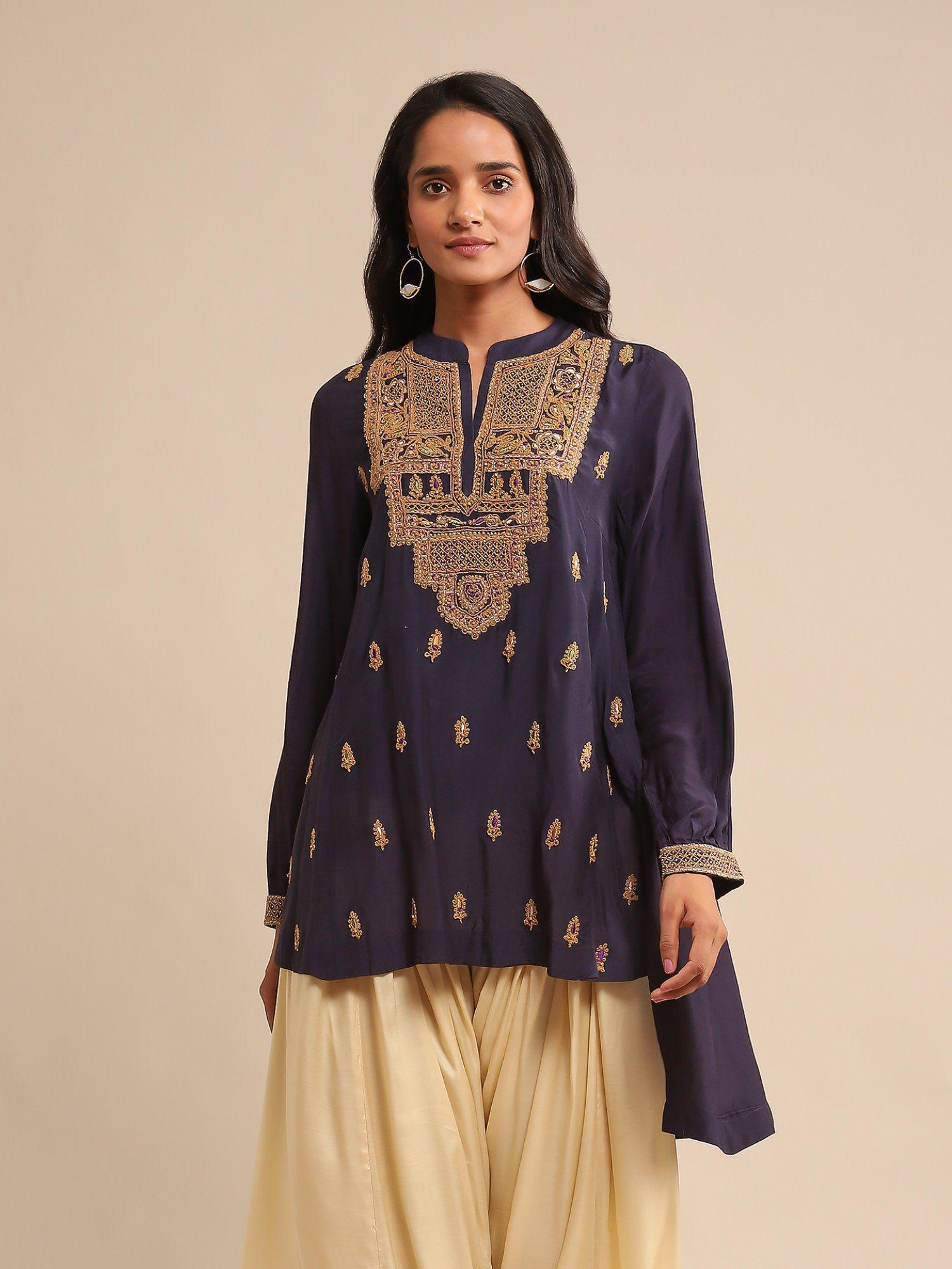 navy blue embroidered viscose silk kurti with inner (set of 2)