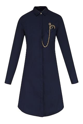 navy blue embroidered watch motif shirt dress