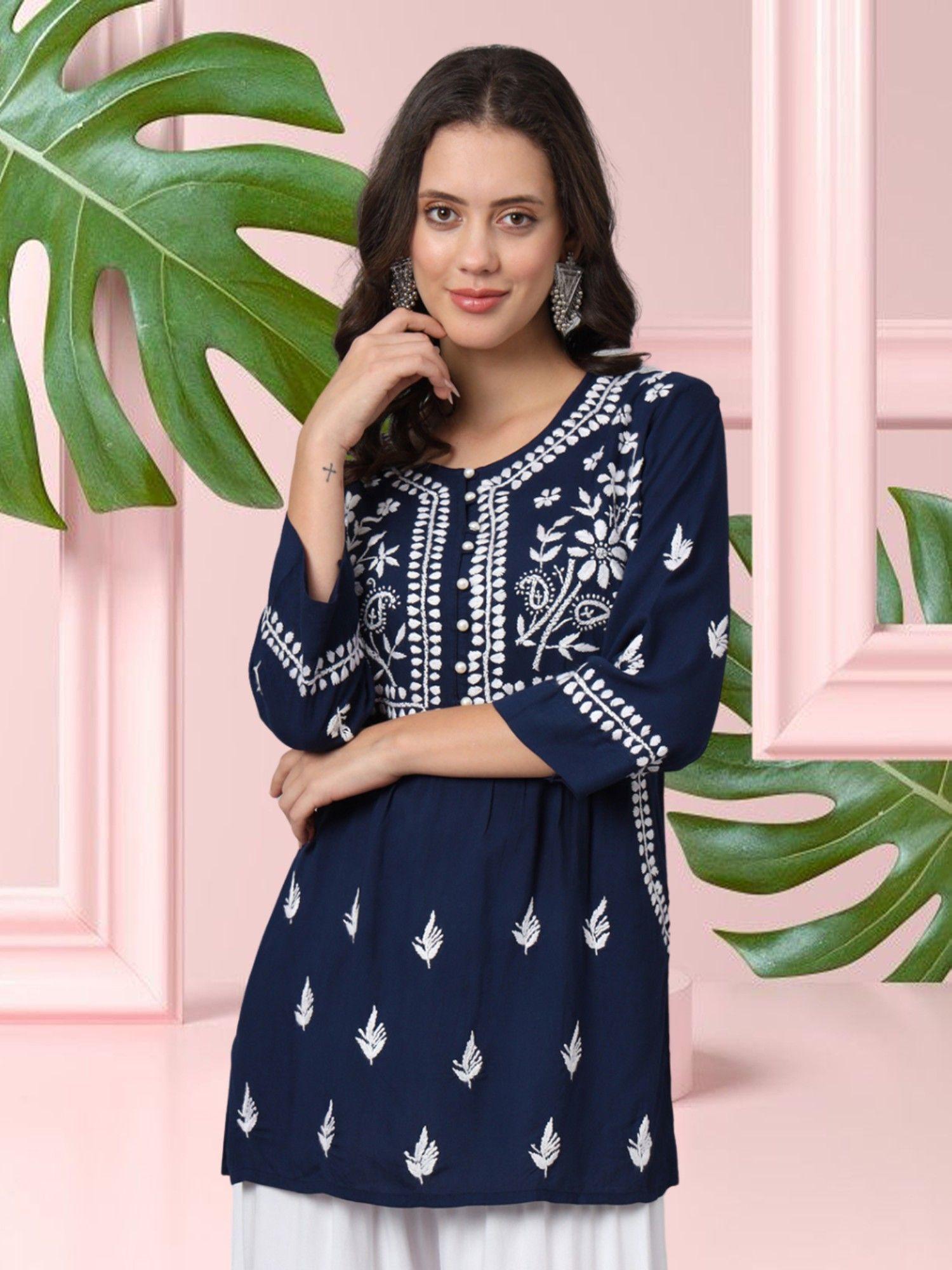 navy blue ethnic motifs embroidered lucknowi chikankari kurti