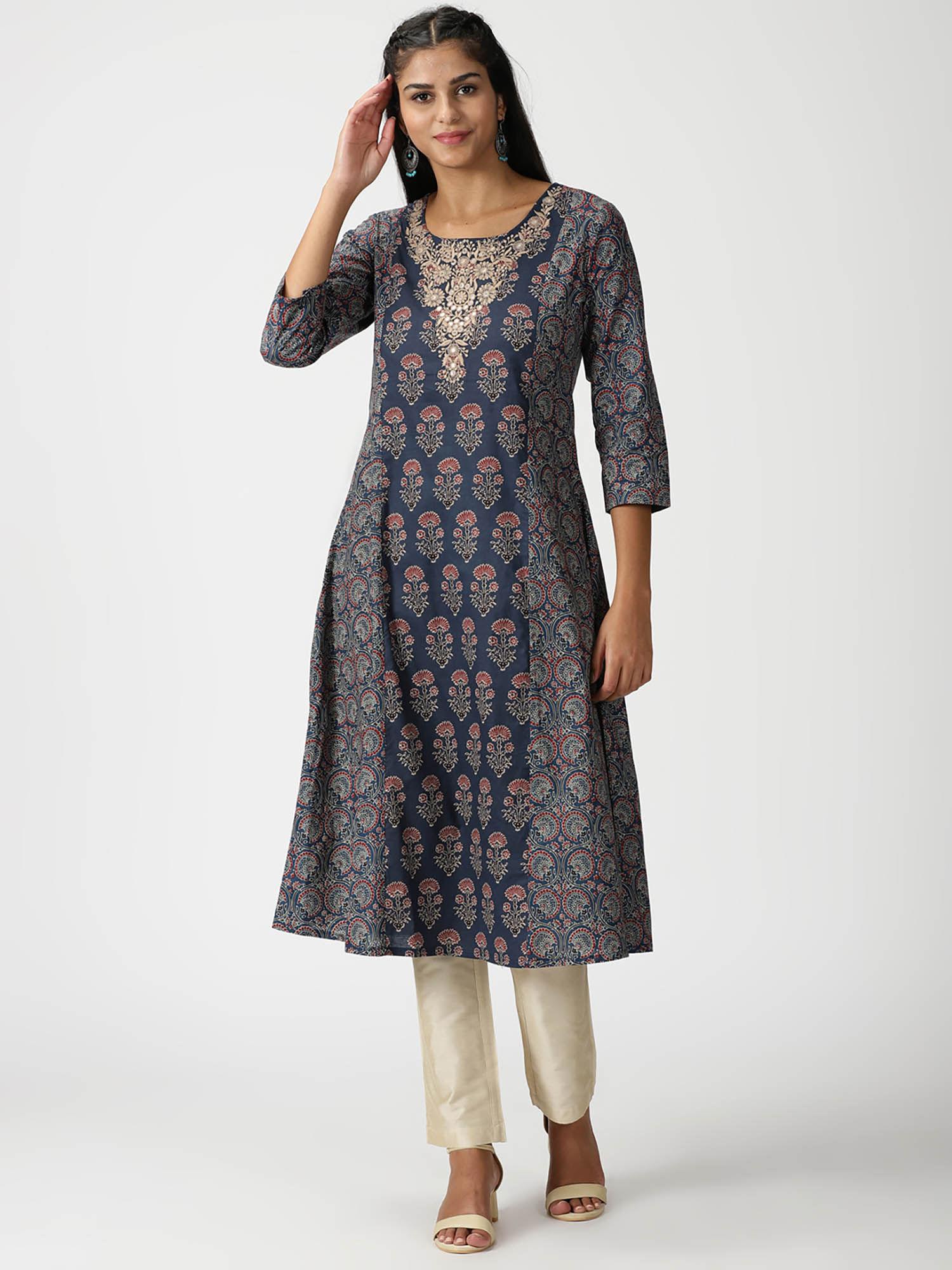 navy blue ethnic motifs printed panelled a-line kurta with neck embroidery