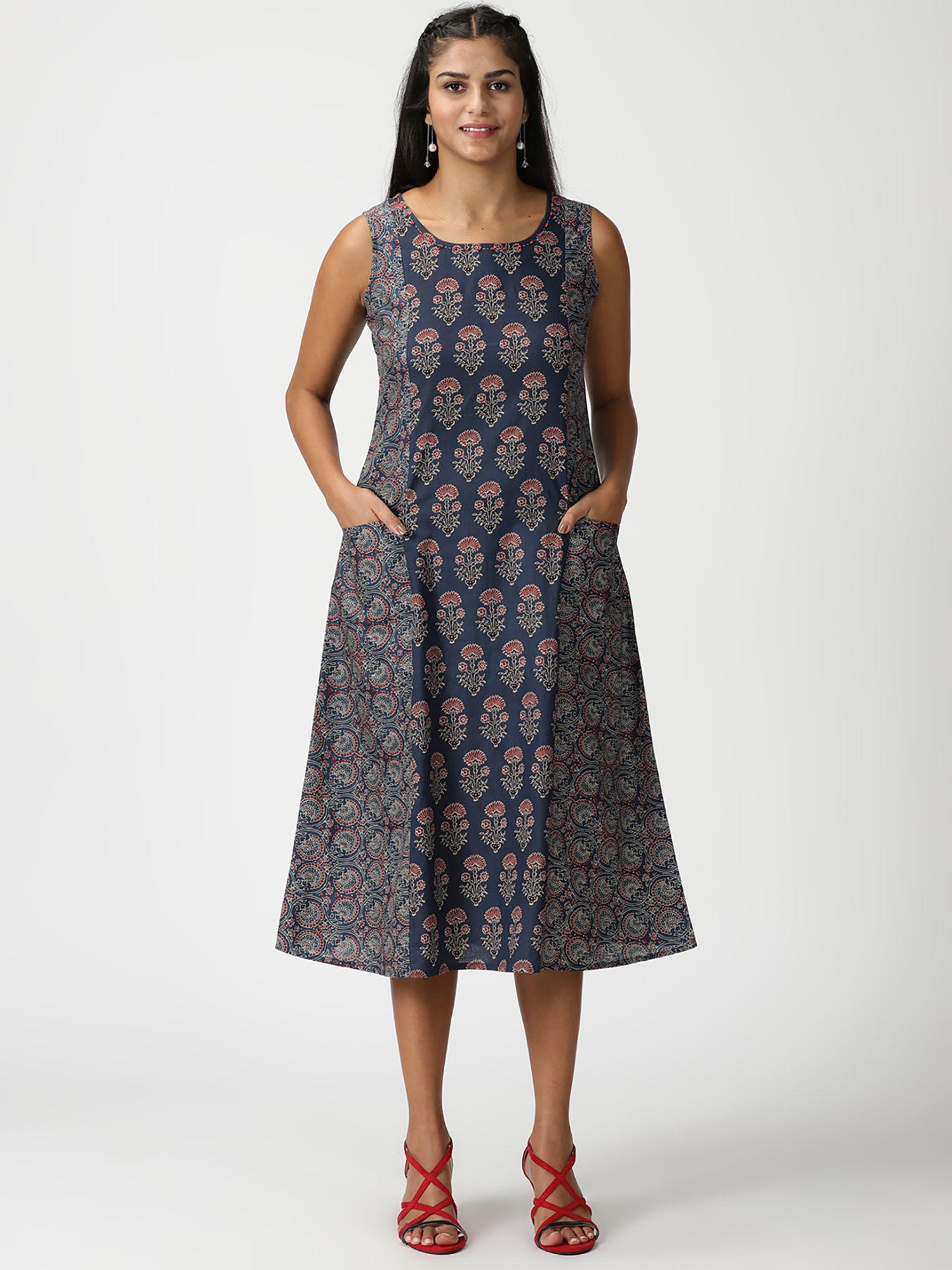 navy blue ethnic motifs printed panelled midi dress