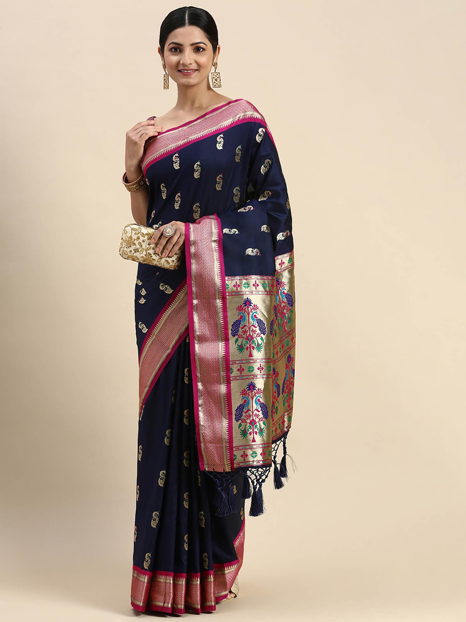 navy blue ethnic motifs woven design zari pathani saree with unstitched blouse