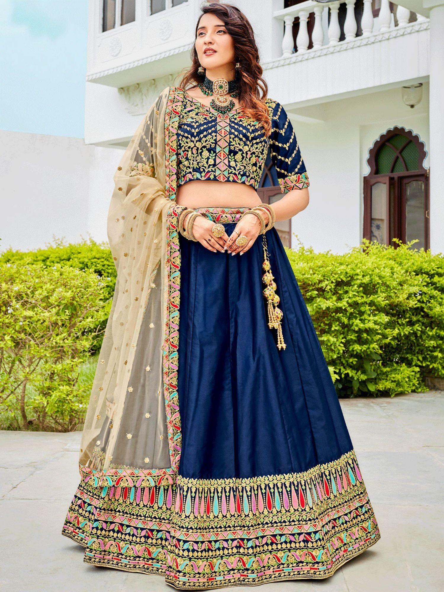 navy blue festival wear semi stitched lehenga with unstitched blouse (set of 3)