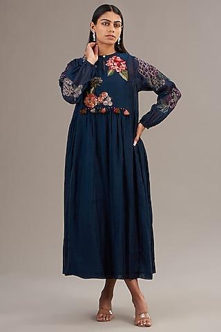 navy blue fine chanderi floral embroidered gathered midi dress