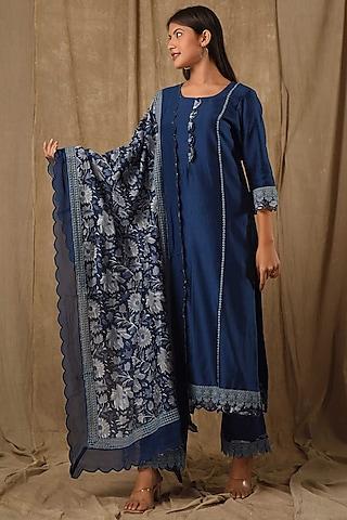 navy blue fine chanderi silk embroidered kurta set