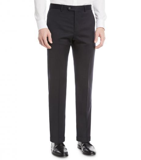navy blue flat-front wool trousers