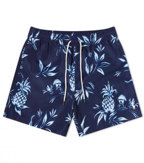 navy blue floral aloha swim trunks