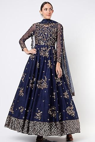 navy blue floral anarkali set