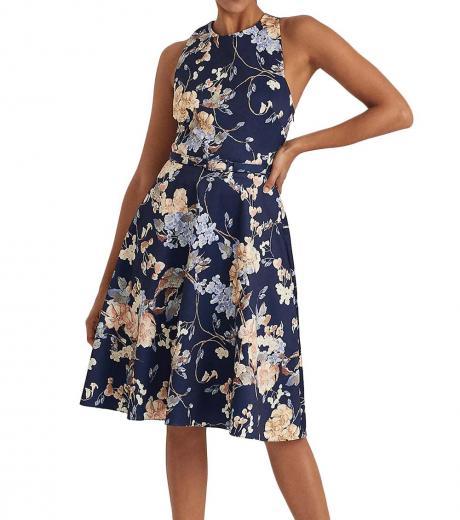 navy blue floral belted dress