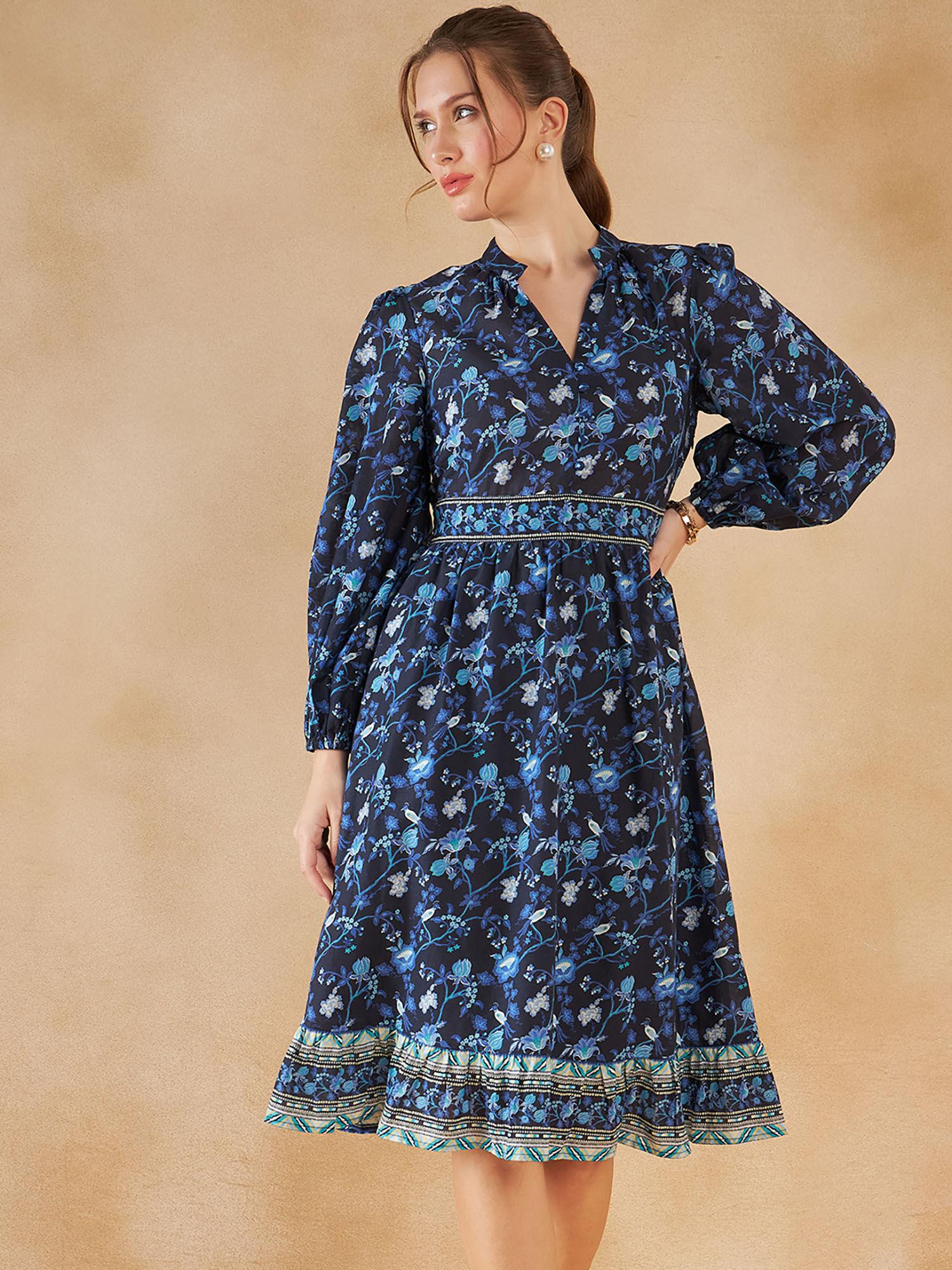 navy blue floral border printed knee length dress