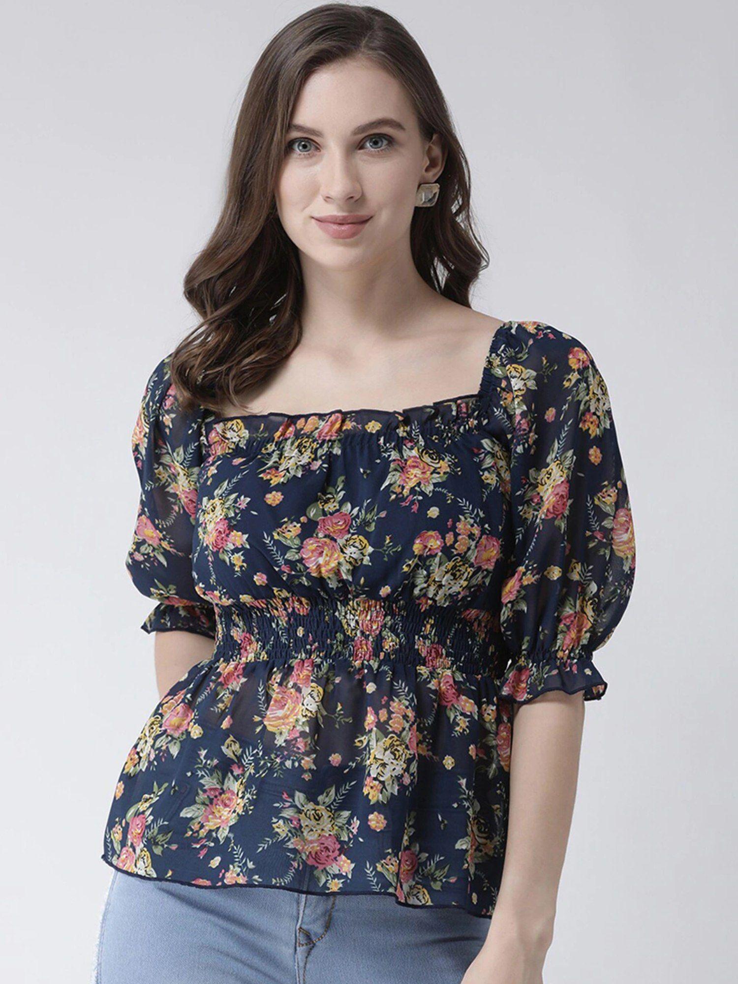 navy blue floral cinched waist smocked top