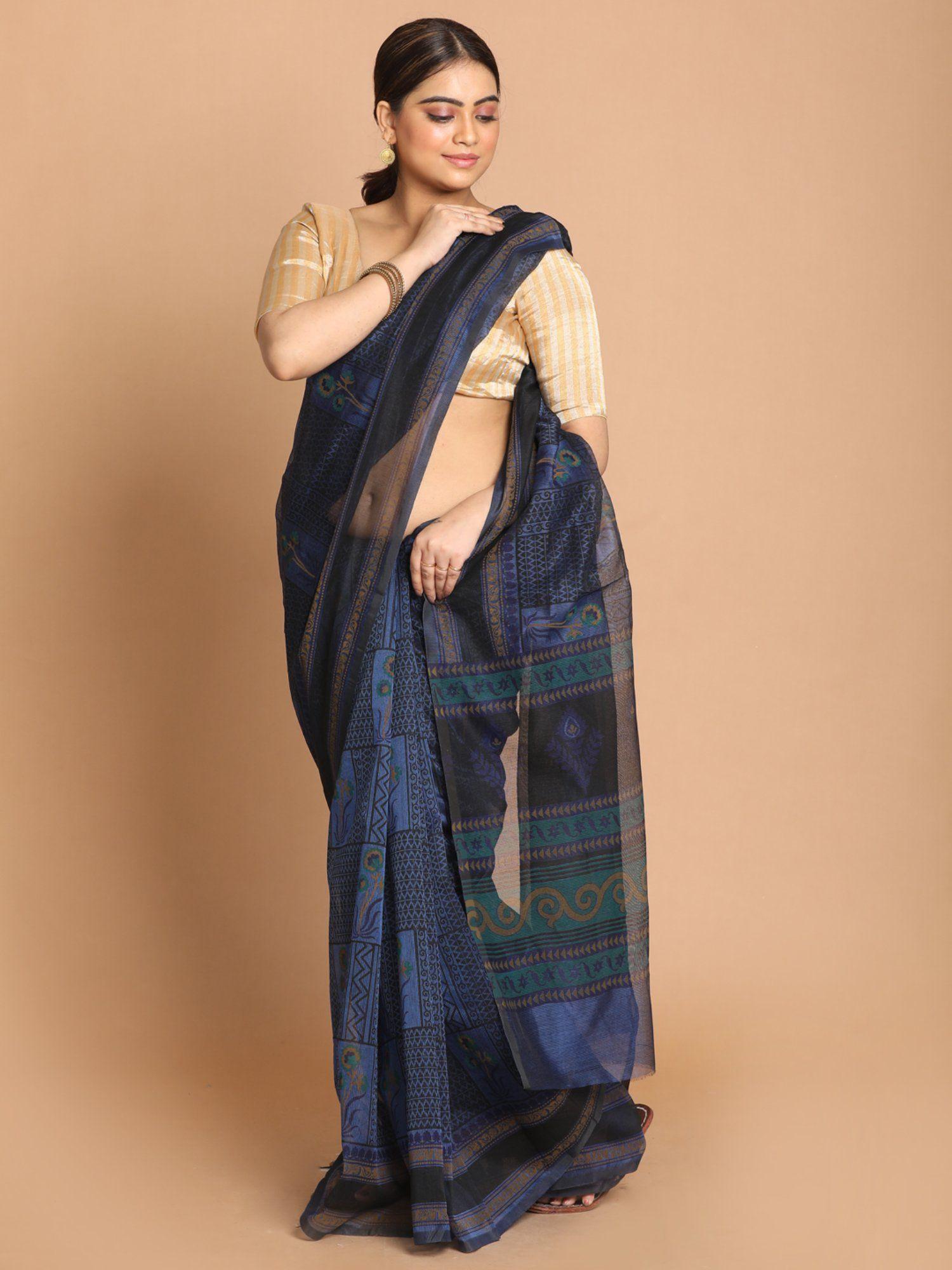 navy blue floral cotton blend saree with unstitched blouse