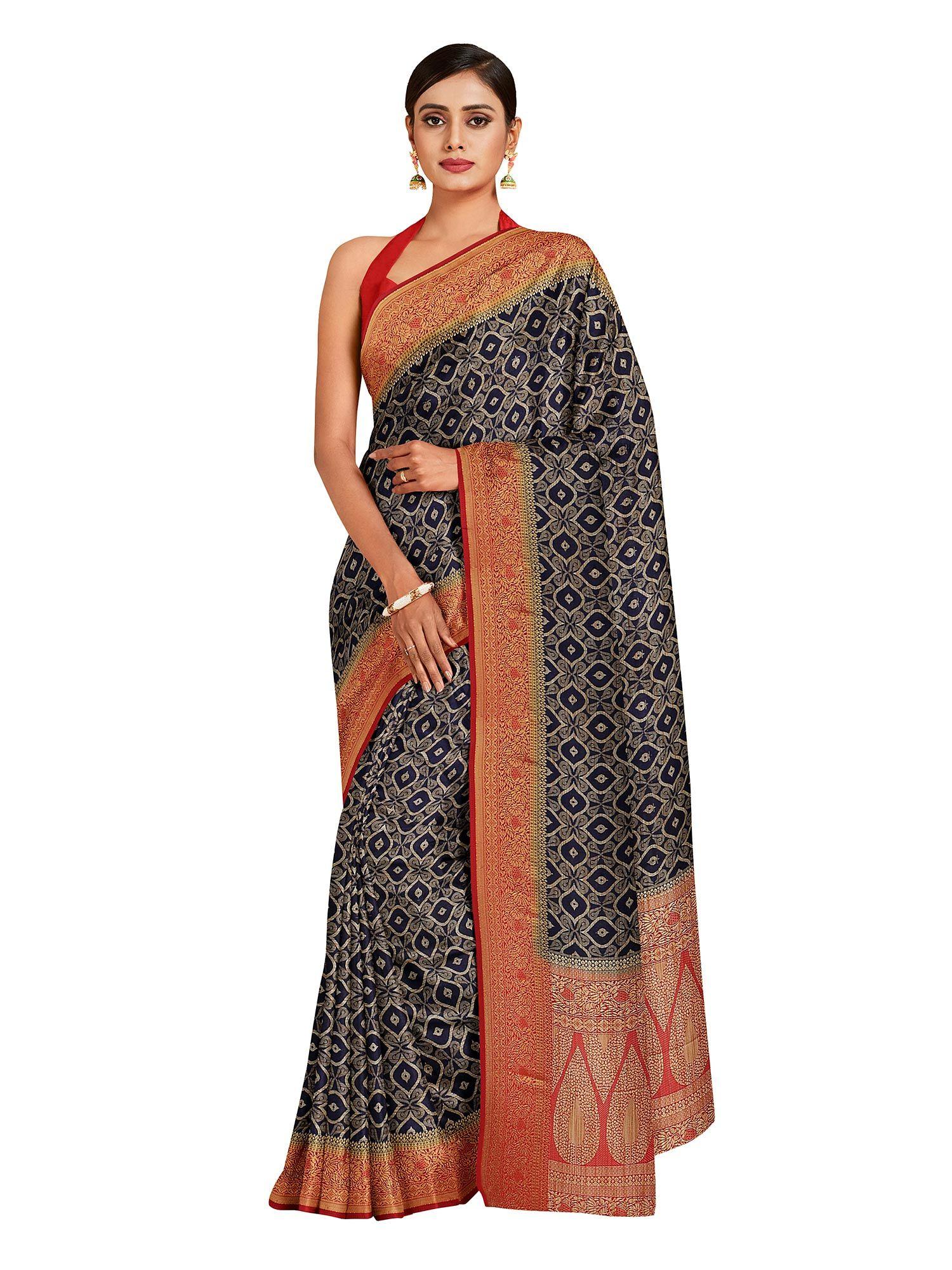 navy blue floral embellished saree with unstitched blouse