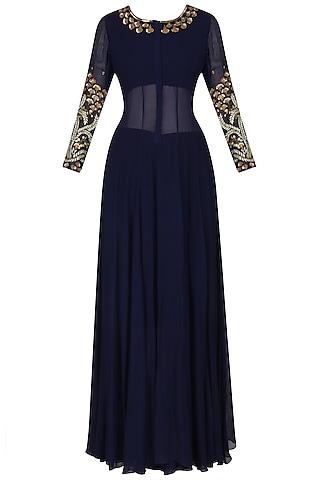 navy blue floral embroidered anarkali set