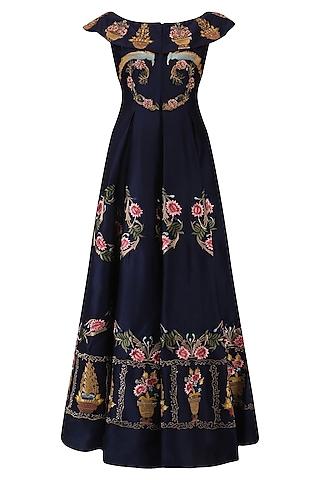 navy blue floral embroidered front open flared gown