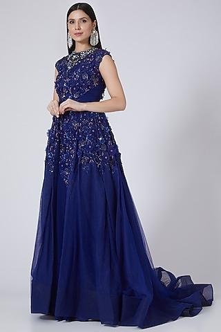 navy blue floral embroidered gown