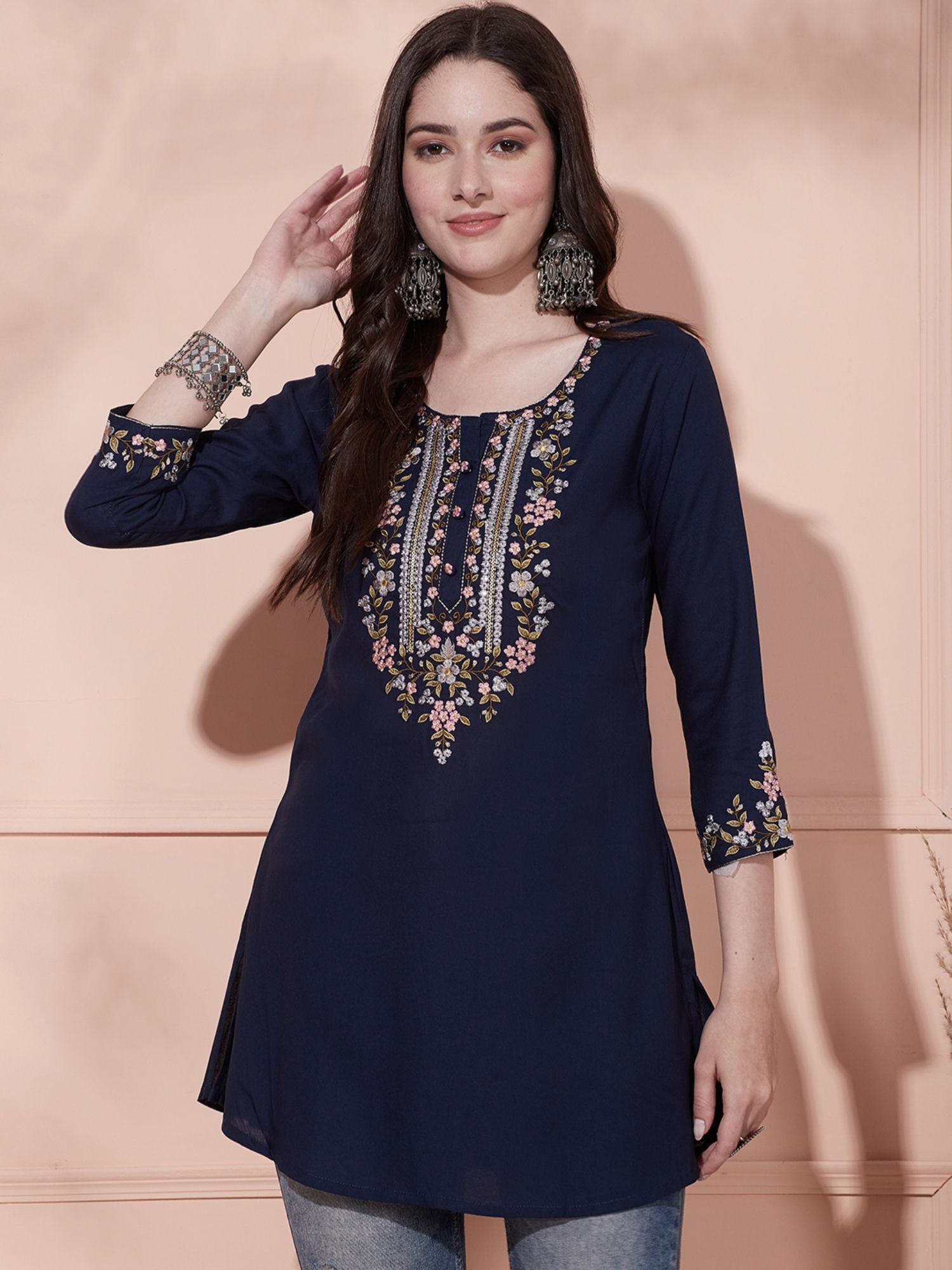 navy blue floral embroidered kurti