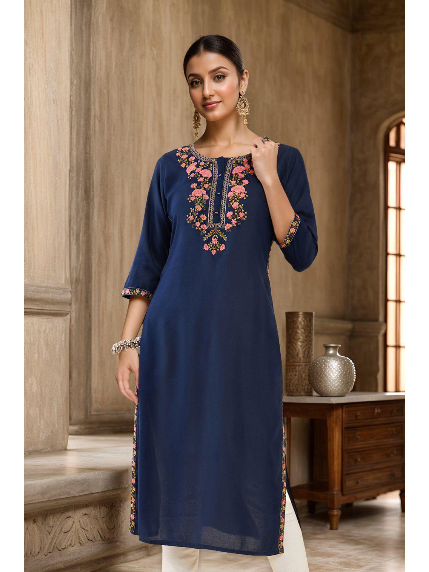 navy blue floral embroidered rayon kurta