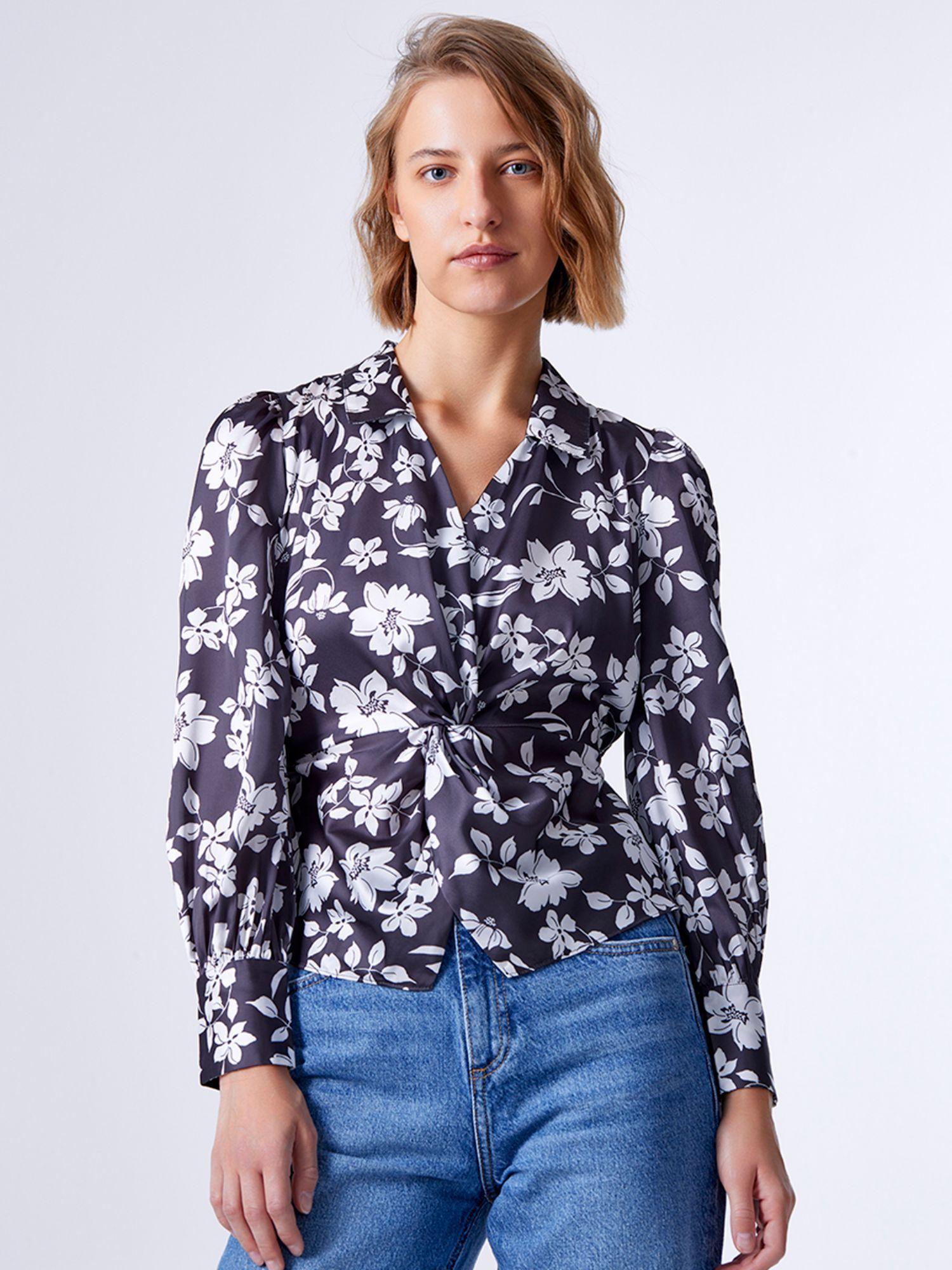 navy blue floral full sleeves collar neck top