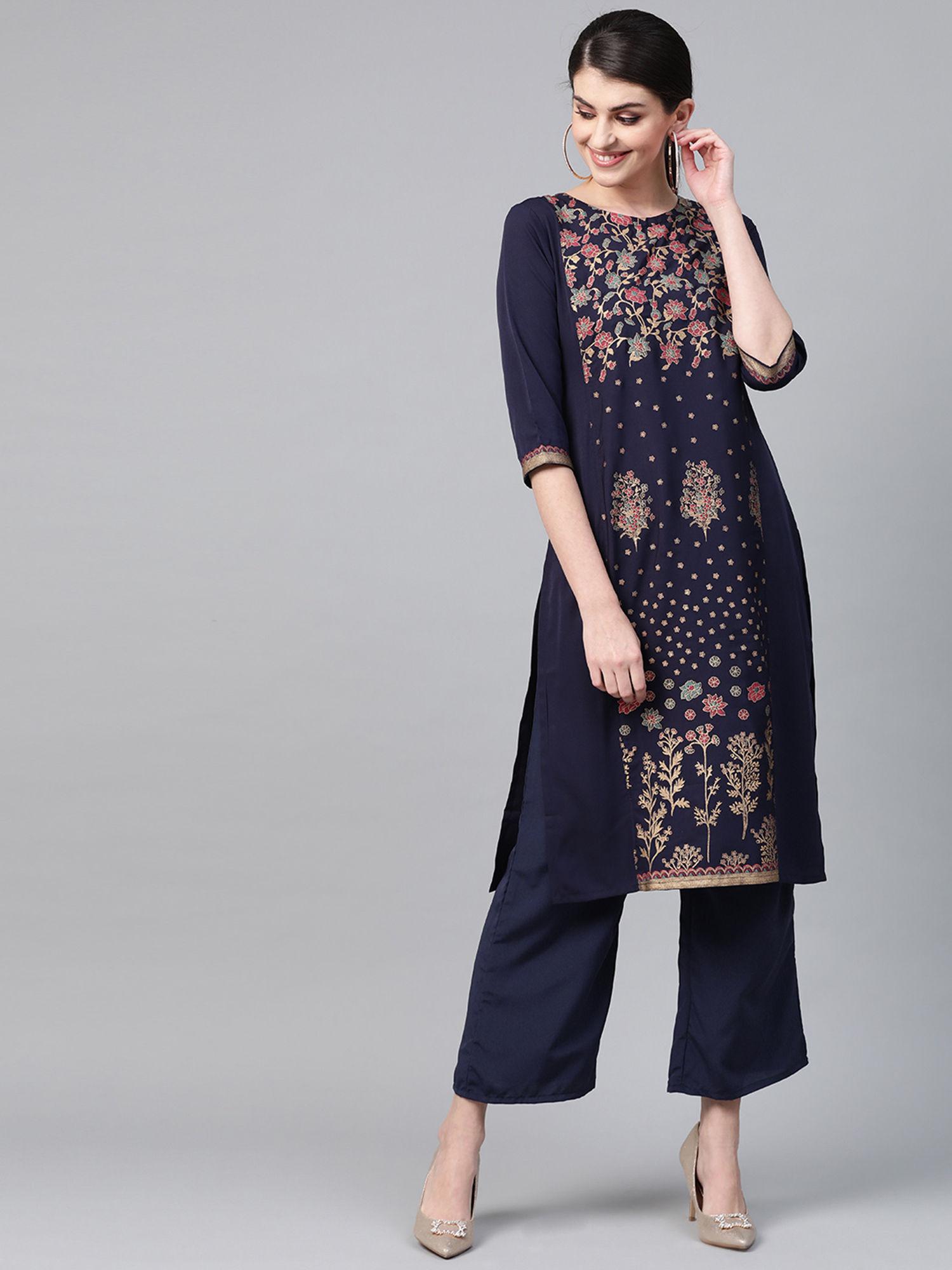 navy blue floral kurta