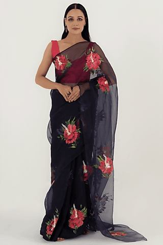 navy blue floral painted saree set