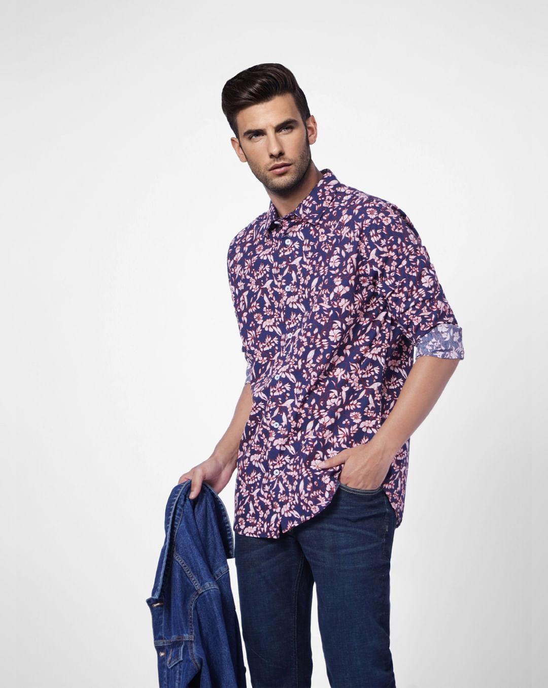 navy blue floral print full sleeves shirt