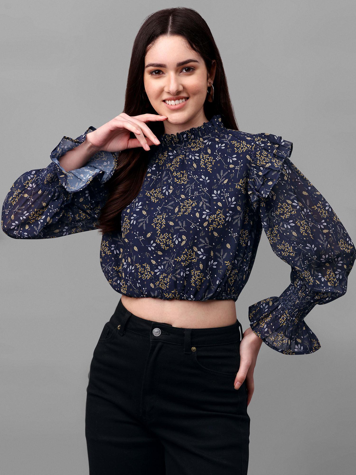 navy blue floral print georgette blouson crop top