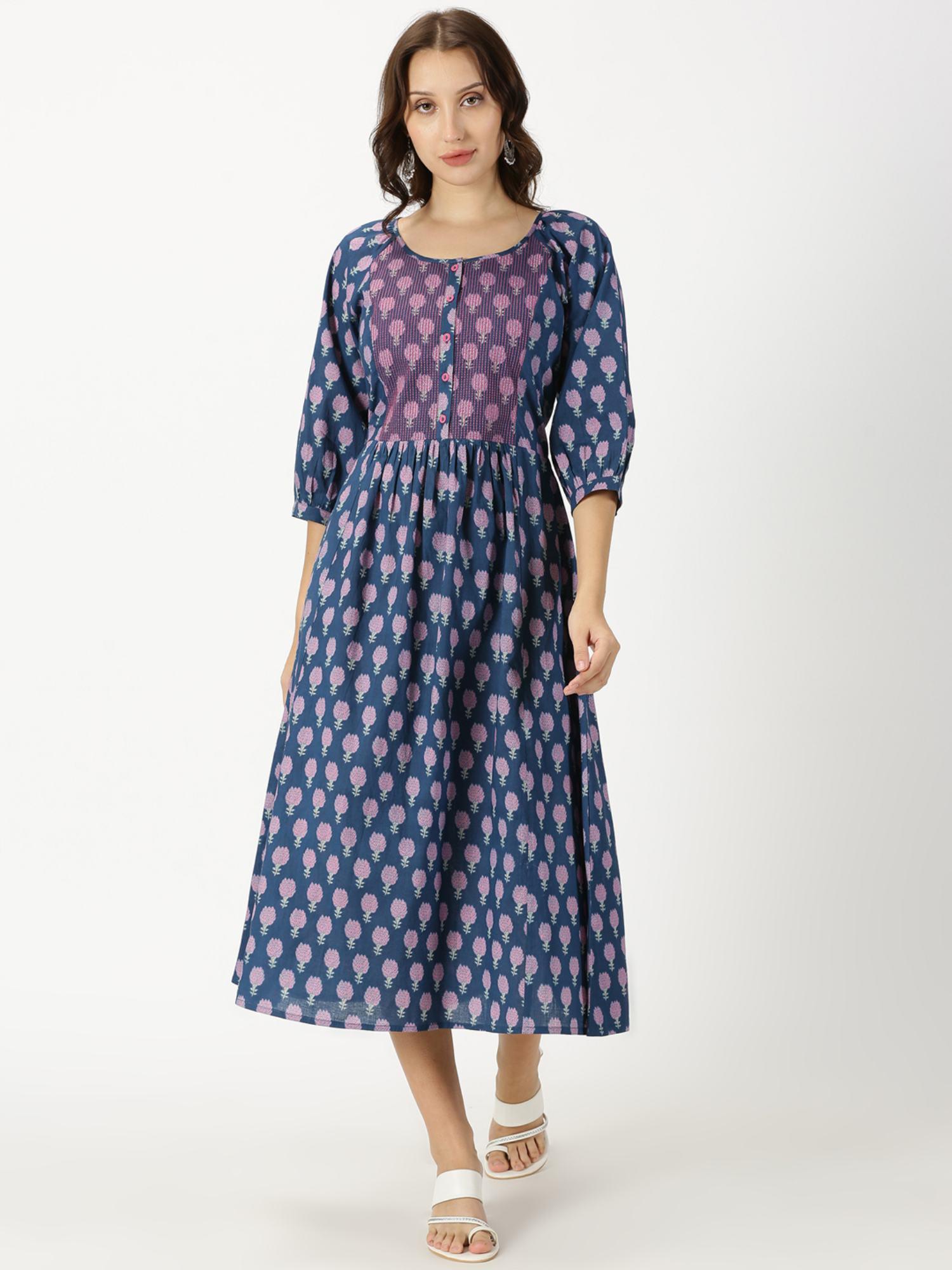 navy blue floral print midi dress with yoke embroidery