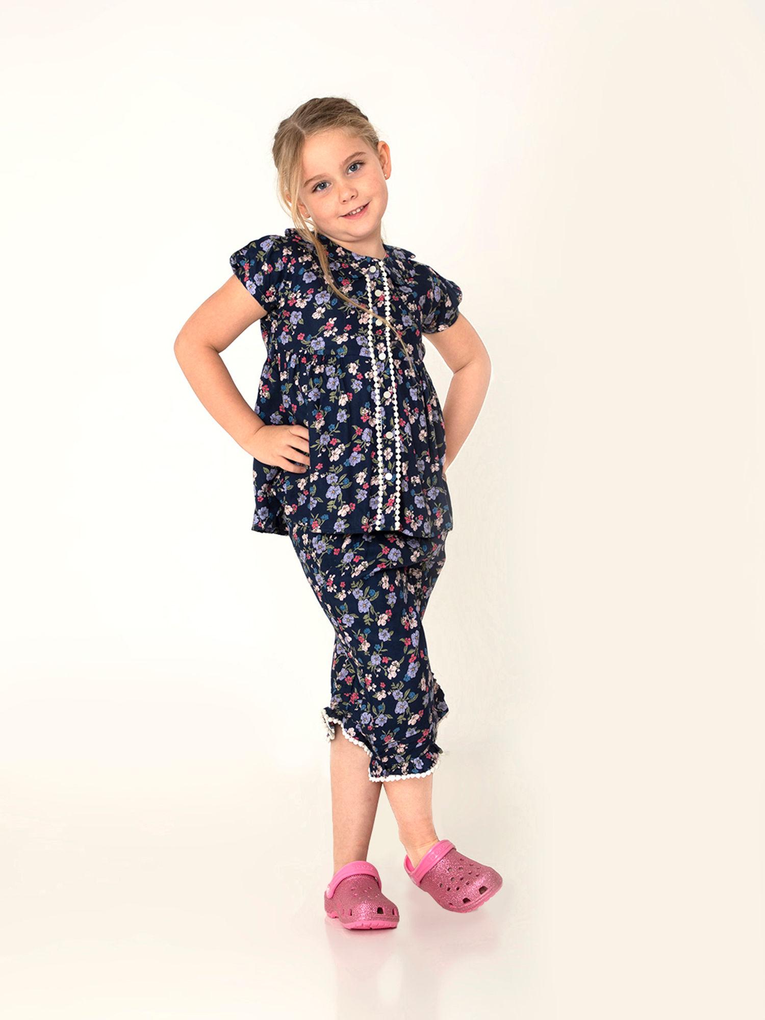 navy blue floral print nighsuit (set of 2)