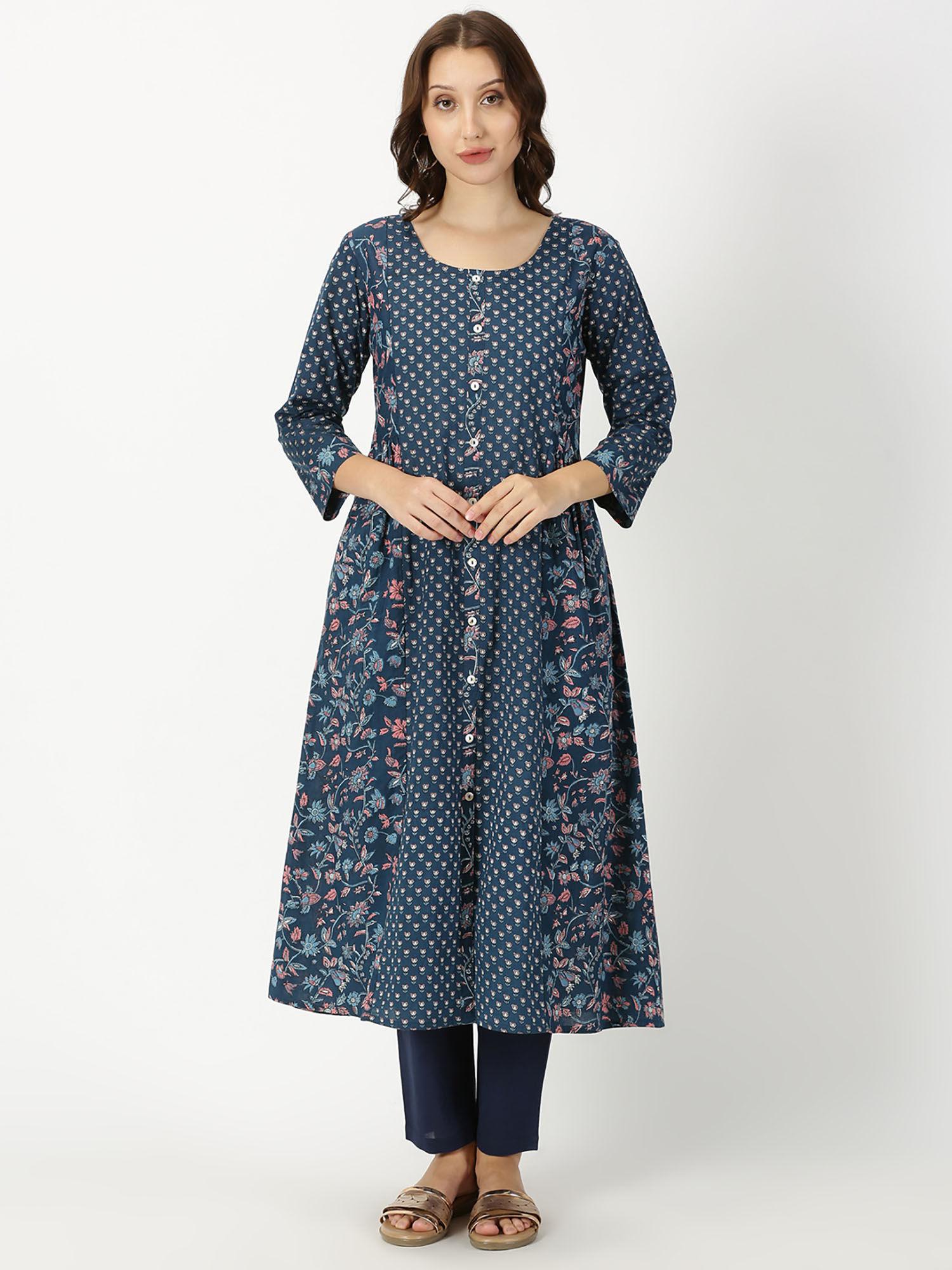 navy blue floral print panelled kurta