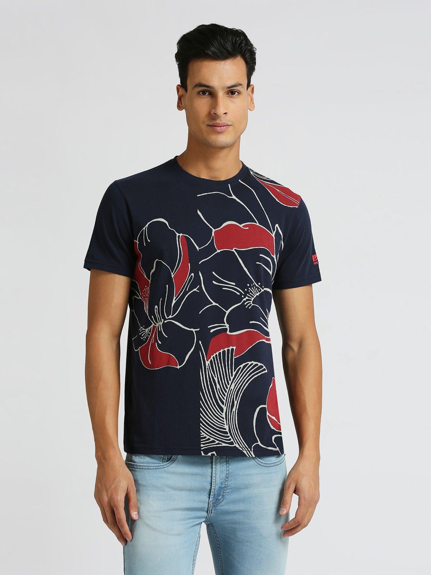 navy blue floral print short sleeve t-shirt