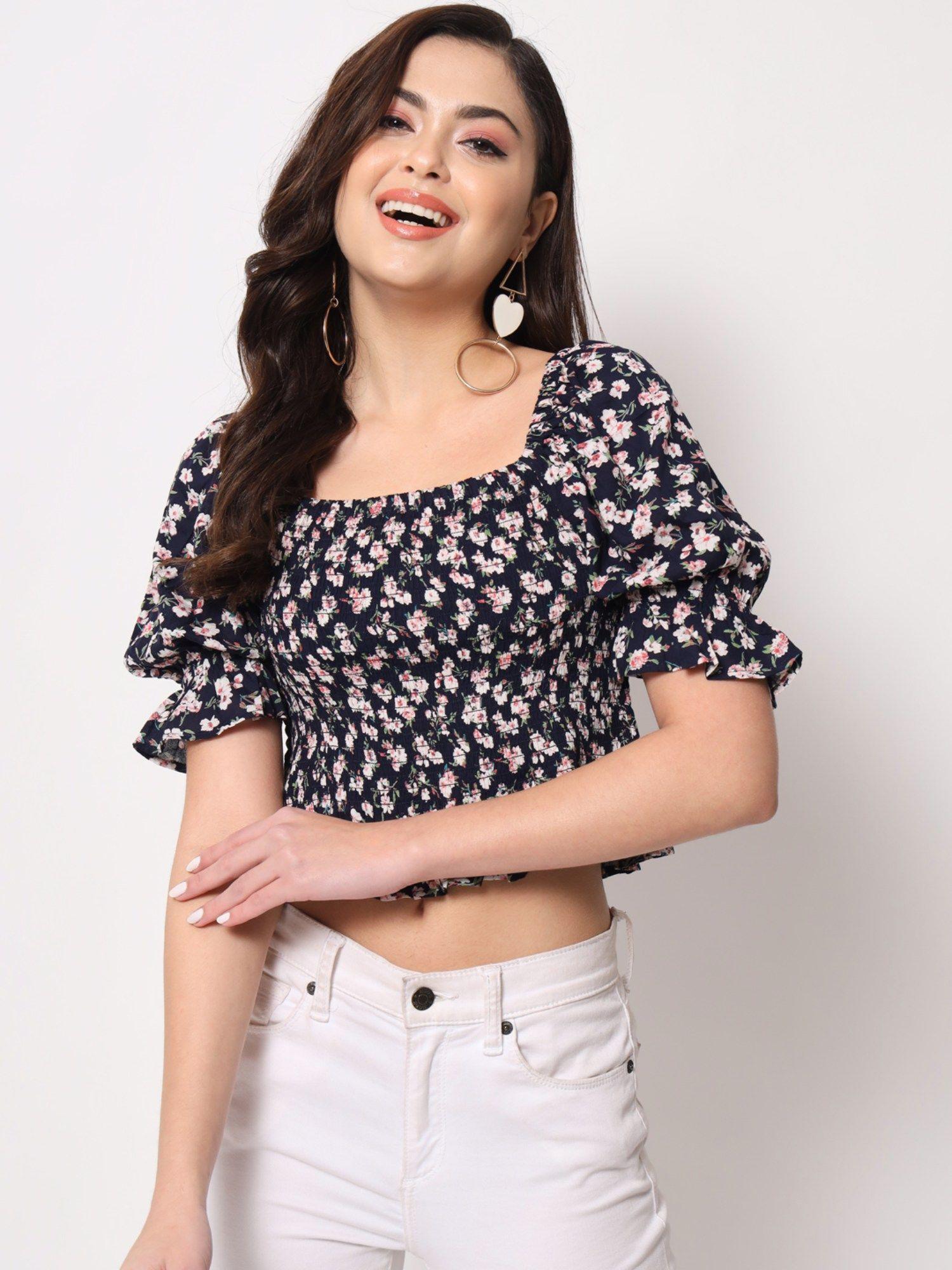 navy blue floral print smocking crop top