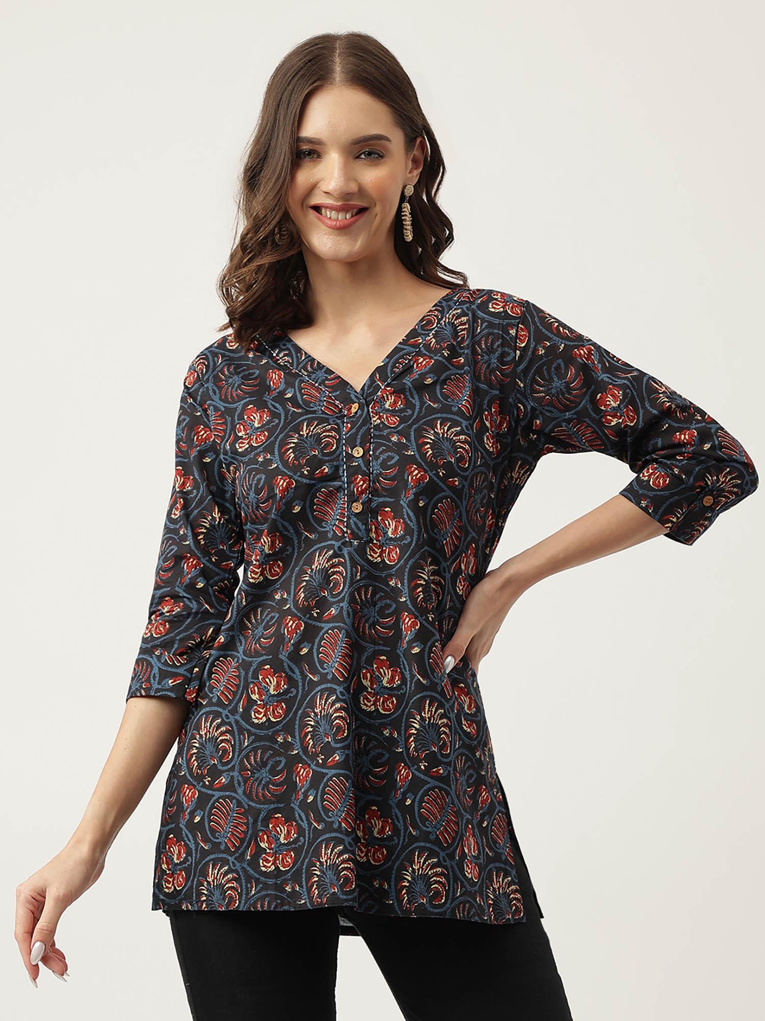 navy blue floral printed cotton peplum fit v-neck top